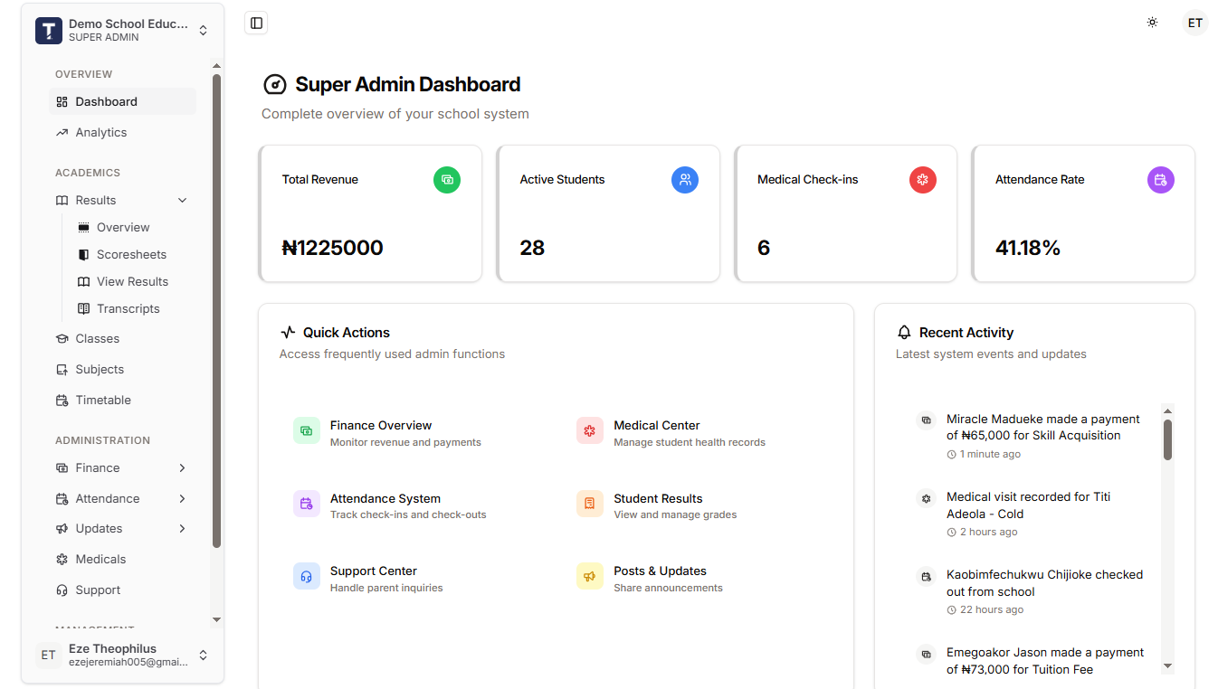Skool Circle school management dashboard showing student records, attendance tracking, and result processing interface