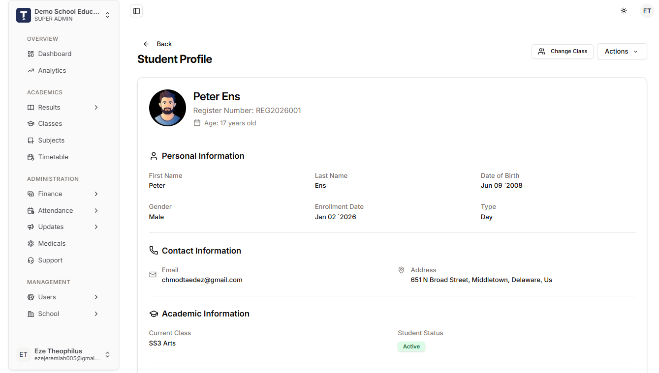 Student profile management interface